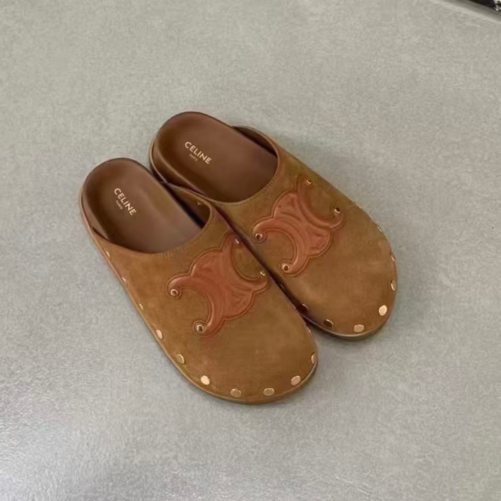 Celine Brown Suede Clogs with Gold Accents